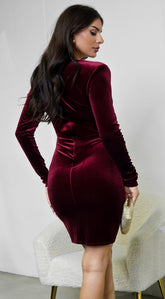 Aless V Neck Front Twist Velvet Mini Dress - Burgundy